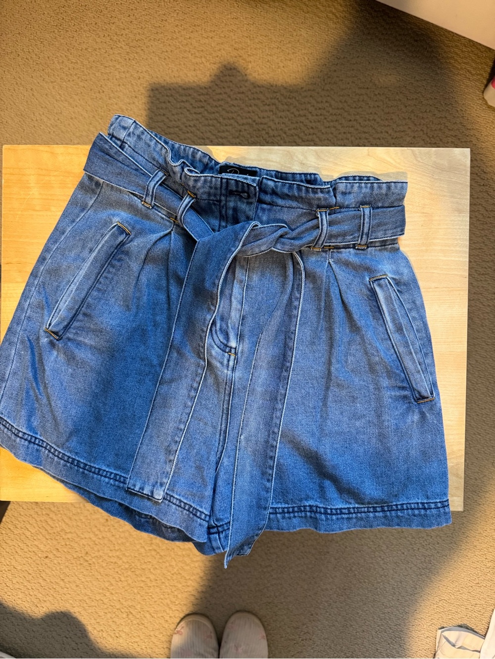 Rails Blue High-Waist Paperbag Denim Shorts with Tie Belt